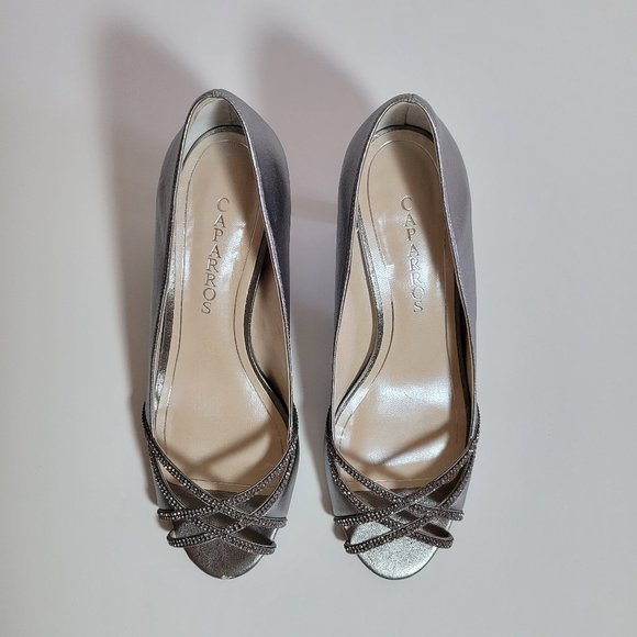 CAPARROS DRESS ELIZA PEWTER SILVER PEEP-TOE RHINESTONE HEELS SHOES PUMPS 9 - Picture 4 of 7